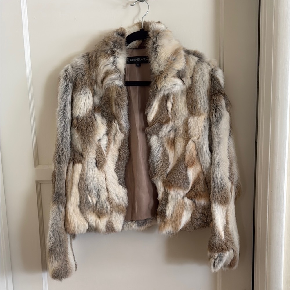 ADRIENNE LANDAU, Cream and Brown Fur Jacket